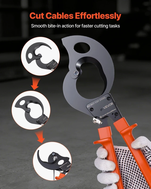 Alt view image 6 of 8 - VEVOR Ratcheting Cable Cutter, Spring Steel Blades with PVC-Coated Handles, Quick-Release Button, Heavy Duty Ratchet Cable Wire Cutter for Cutting Copper & Aluminum Cables Up to 1000 MCM / 500 mm²