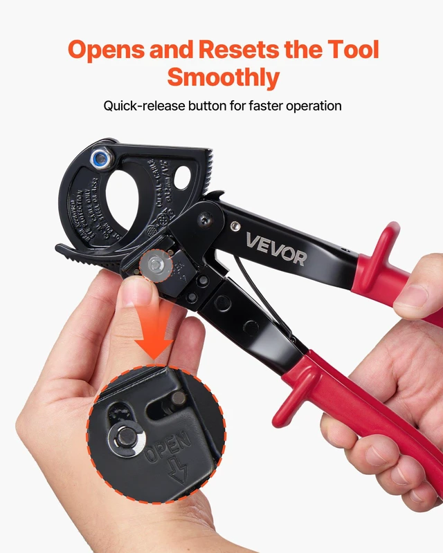 Alt view image 4 of 8 - VEVOR Ratcheting Cable Cutter, Spring Steel Blades with PVC-Coated Handles, Quick-Release Button, Heavy Duty Ratchet Cable Wire Cutter for Cutting Copper & Aluminum Cables Up to 474 MCM / 240 mm²