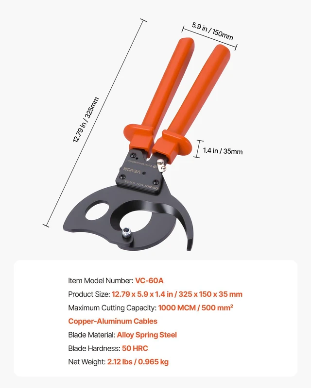 Alt view image 7 of 8 - VEVOR Ratcheting Cable Cutter, Spring Steel Blades with PVC-Coated Handles, Quick-Release Button, Heavy Duty Ratchet Cable Wire Cutter for Cutting Copper & Aluminum Cables Up to 1000 MCM / 500 mm²