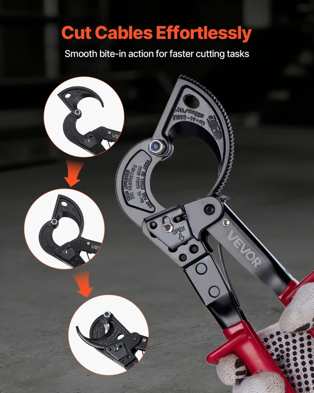 Alt view image 6 of 8 - VEVOR Ratcheting Cable Cutter, Spring Steel Blades with PVC-Coated Handles, Quick-Release Button, Heavy Duty Ratchet Cable Wire Cutter for Cutting Copper & Aluminum Cables Up to 474 MCM / 240 mm²