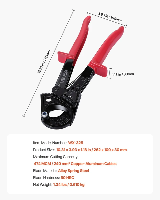 Alt view image 7 of 8 - VEVOR Ratcheting Cable Cutter, Spring Steel Blades with PVC-Coated Handles, Quick-Release Button, Heavy Duty Ratchet Cable Wire Cutter for Cutting Copper & Aluminum Cables Up to 474 MCM / 240 mm²