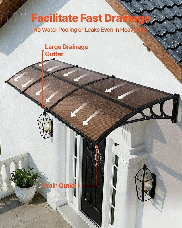 Alt view image 2 of 8 - VEVOR Awnings for Door Entrance, 38 x 117 in, Exterior Front Door Window Awnings with Drainage & ABS Bracket, Rain Snow Sun Protection, Overhang Polycarbonate Door Canopy for Porch Patio, Brown