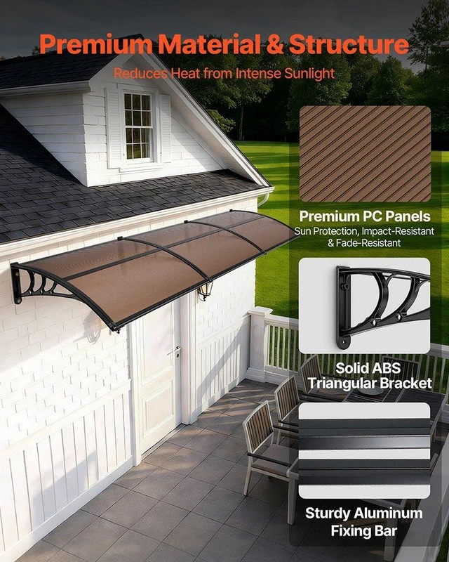 Alt view image 4 of 8 - VEVOR Awnings for Door Entrance, 38 x 117 in, Exterior Front Door Window Awnings with Drainage & ABS Bracket, Rain Snow Sun Protection, Overhang Polycarbonate Door Canopy for Porch Patio, Brown