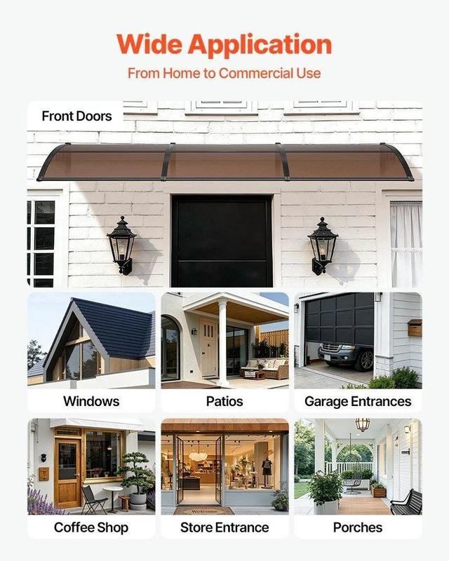 Alt view image 6 of 8 - VEVOR Awnings for Door Entrance, 38 x 117 in, Exterior Front Door Window Awnings with Drainage & ABS Bracket, Rain Snow Sun Protection, Overhang Polycarbonate Door Canopy for Porch Patio, Brown