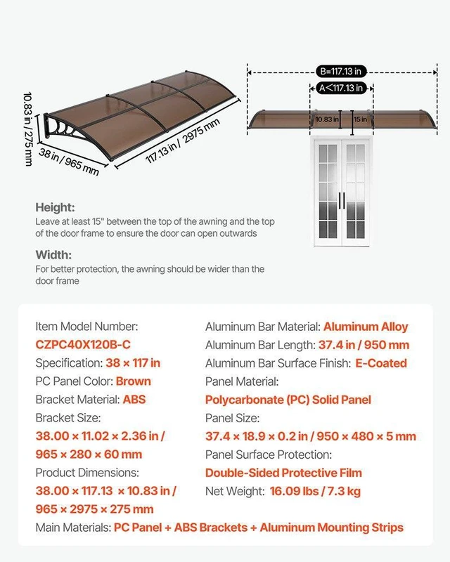 Alt view image 7 of 8 - VEVOR Awnings for Door Entrance, 38 x 117 in, Exterior Front Door Window Awnings with Drainage & ABS Bracket, Rain Snow Sun Protection, Overhang Polycarbonate Door Canopy for Porch Patio, Brown