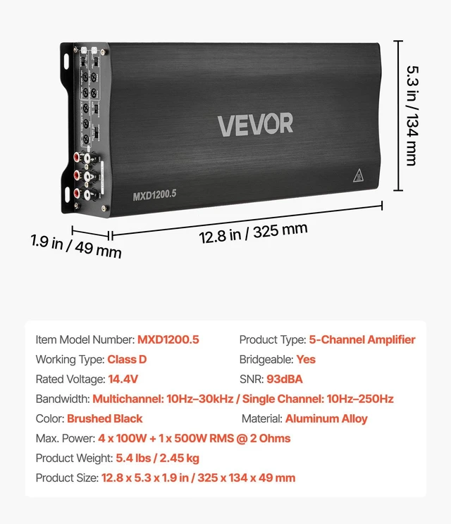 Alt view image 7 of 8 - VEVOR Car Audio Amplifier, 5-Channel Bridgeable Car Amplifier, Multichannel Class D Stereo Amp, Max. 4 x 100W at 4 Ohms / 4 x 200W at 2 Ohms + 1 x 1000W at 2 Ohms / 1 x 500W at 4 Ohms, for Vehicles