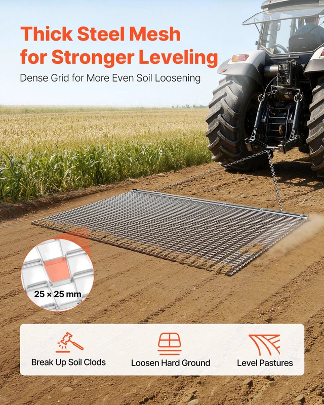 Alt view image 2 of 8 - VEVOR Drag Harrow, 5 x 3 ft, High-Efficiency Chain Harrow Rake, ATVs UTVs Tractors Attachments, Durable Galvanized Steel Mesh Drag Mat with Towing Chain, for Gravel Driveway Ruts Farm Field Leveling
