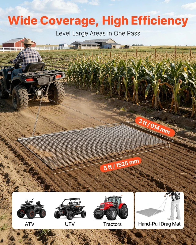 Alt view image 4 of 8 - VEVOR Drag Harrow, 5 x 3 ft, High-Efficiency Chain Harrow Rake, ATVs UTVs Tractors Attachments, Durable Galvanized Steel Mesh Drag Mat with Towing Chain, for Gravel Driveway Ruts Farm Field Leveling