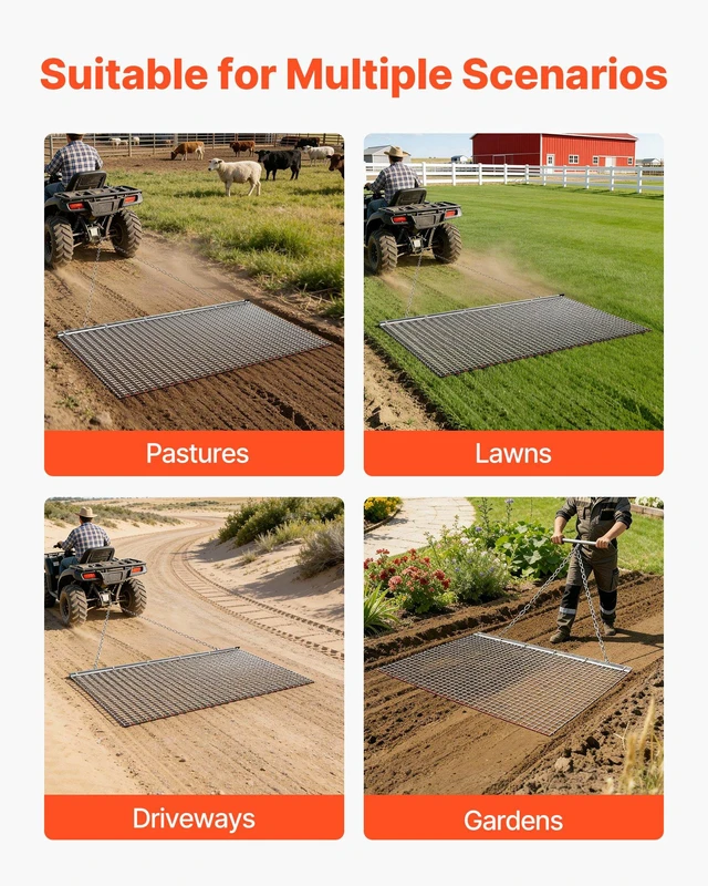 Alt view image 6 of 8 - VEVOR Drag Harrow, 5 x 3 ft, High-Efficiency Chain Harrow Rake, ATVs UTVs Tractors Attachments, Durable Galvanized Steel Mesh Drag Mat with Towing Chain, for Gravel Driveway Ruts Farm Field Leveling