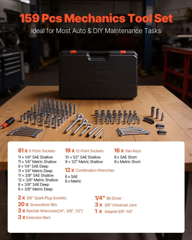 Alt view image 3 of 8 - VEVOR Mechanics Tool Set, 159-Piece Mechanic Tool Kit, 1/4 in, 3/8 in, and 1/2 in Drive, SAE and Metric Socket Set, Wrenches, Screwdriver Bits, Accessories, and Storage Case, for Automotive Repair