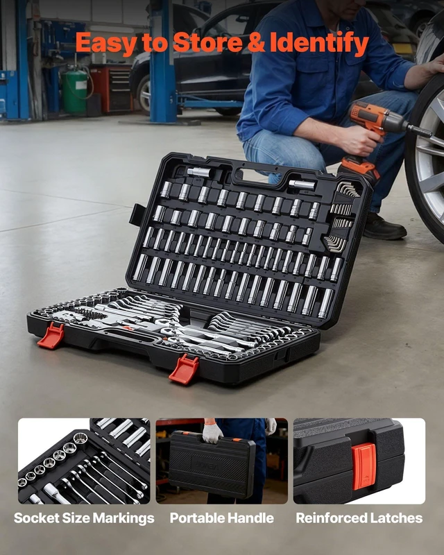 Alt view image 7 of 8 - VEVOR Mechanics Tool Set, 159-Piece Mechanic Tool Kit, 1/4 in, 3/8 in, and 1/2 in Drive, SAE and Metric Socket Set, Wrenches, Screwdriver Bits, Accessories, and Storage Case, for Automotive Repair