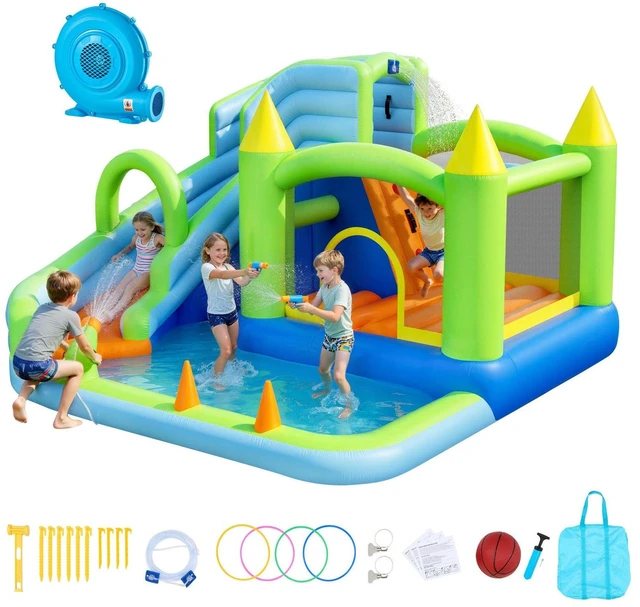 Main image of VEVOR Inflatable Bounce House, 11.3 x 12.3 x 7.0 ft Inflatable Bounce House Water Slide, Bouncer Castle with Castle Bounces, Basketball Hoop, Splash Pool & Water Ring Toss, for 3 to 4 Kids Ages 3 to 8
