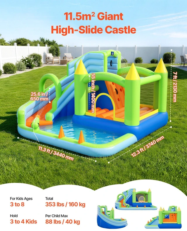 Alt view image 2 of 8 - VEVOR Inflatable Bounce House, 11.3 x 12.3 x 7.0 ft Inflatable Bounce House Water Slide, Bouncer Castle with Castle Bounces, Basketball Hoop, Splash Pool & Water Ring Toss, for 3 to 4 Kids Ages 3 to 8