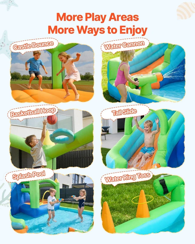 Alt view image 3 of 8 - VEVOR Inflatable Bounce House, 11.3 x 12.3 x 7.0 ft Inflatable Bounce House Water Slide, Bouncer Castle with Castle Bounces, Basketball Hoop, Splash Pool & Water Ring Toss, for 3 to 4 Kids Ages 3 to 8