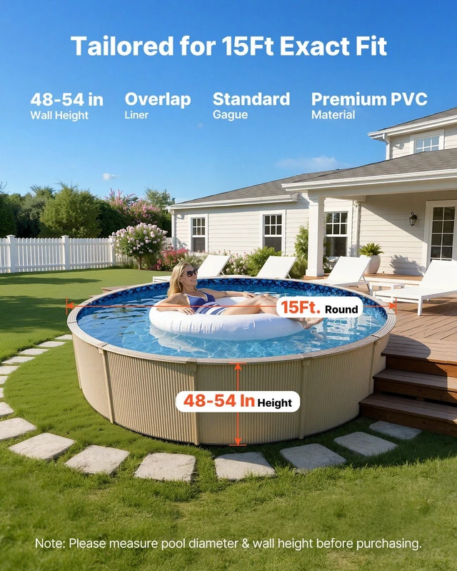 Alt view image 2 of 8 - VEVOR 15ft Pool Liner, Round Overlap Swimming Pool Liner for 54 in Wall Height, Premium Vinyl, Easy Install with Leak-Proof Patches, Designed for Steel Sided Above-Ground,Outdoor, Boulder Swirl