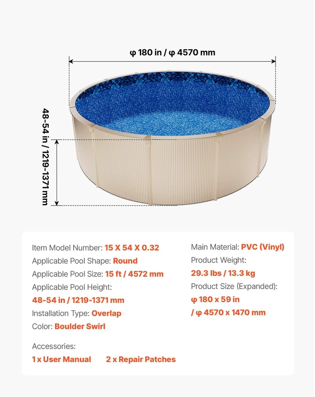 Alt view image 7 of 8 - VEVOR 15ft Pool Liner, Round Overlap Swimming Pool Liner for 54 in Wall Height, Premium Vinyl, Easy Install with Leak-Proof Patches, Designed for Steel Sided Above-Ground,Outdoor, Boulder Swirl