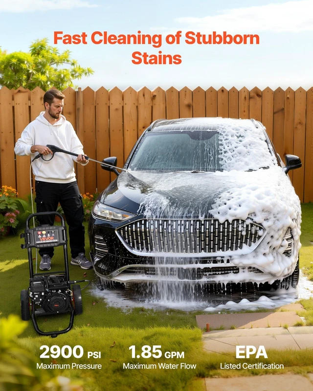 Alt view image 2 of 8 - VEVOR Gas Pressure Washer 2900 PSI and 1.85 Max GPM, Upgrade Aluminum Pump with Spray Gun and Wand, 4 Nozzle Set, Gas Powered Pressure Washer for Cars, Fences, Driveways, Homes, Patios, Furniture