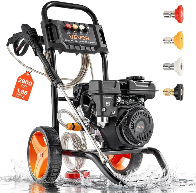 Main image of VEVOR Gas Pressure Washer 2900 PSI and 1.85 Max GPM, Upgrade Aluminum Pump with Spray Gun and Wand, 4 Nozzle Set, Gas Powered Pressure Washer for Cars, Fences, Driveways, Homes, Patios, Furniture