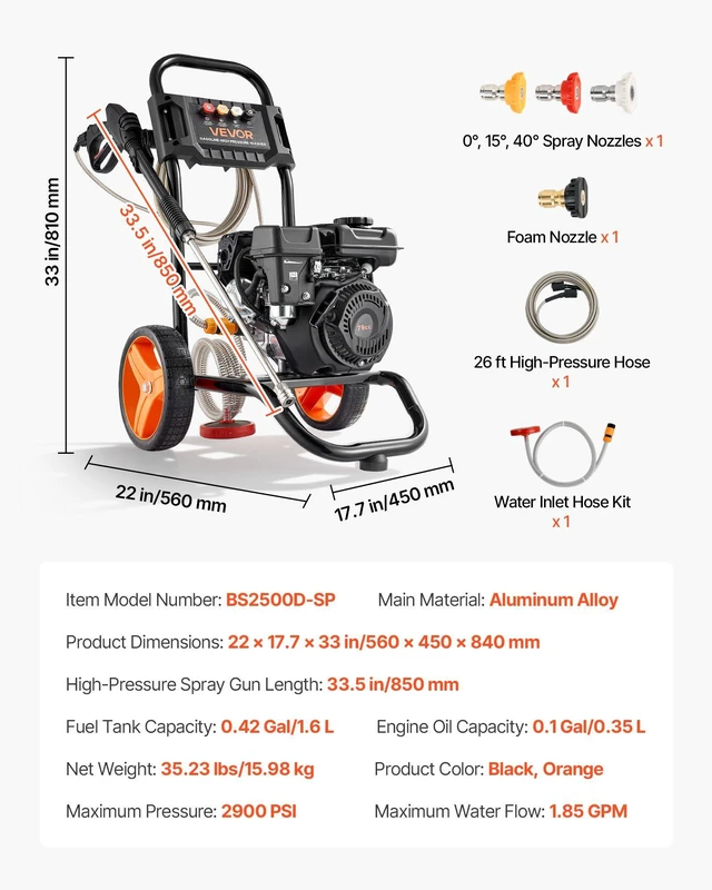Alt view image 7 of 8 - VEVOR Gas Pressure Washer 2900 PSI and 1.85 Max GPM, Upgrade Aluminum Pump with Spray Gun and Wand, 4 Nozzle Set, Gas Powered Pressure Washer for Cars, Fences, Driveways, Homes, Patios, Furniture