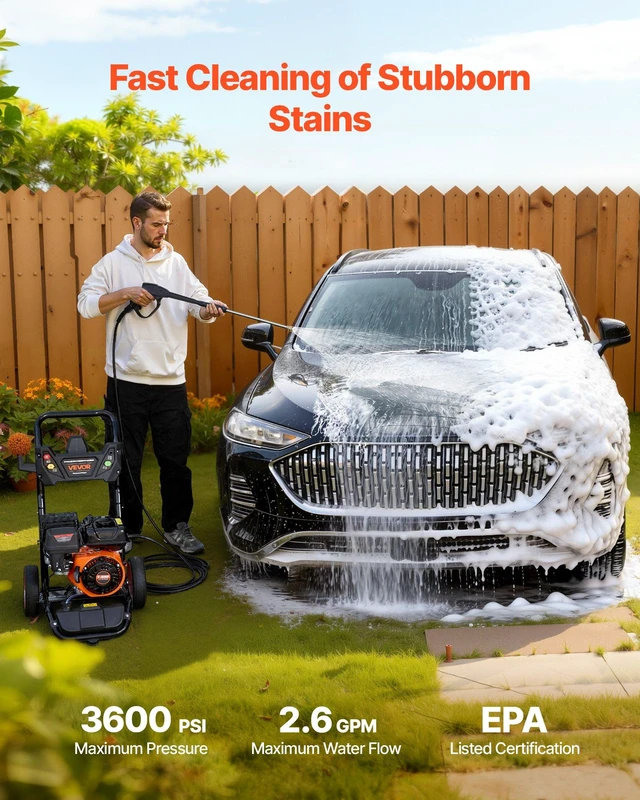 Alt view image 2 of 8 - VEVOR Gas Pressure Washer 3600 PSI and 2.6 Max GPM, Full Copper Pump, Spray Gun and Wand, 5 Nozzle Set, 26 ft Hose Gas Powered Pressure Washer for Cars, Fences, Driveways, Homes, Patios, Furniture