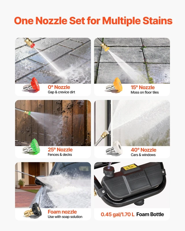 Alt view image 4 of 8 - VEVOR Gas Pressure Washer 3600 PSI and 2.6 Max GPM, Full Copper Pump, Spray Gun and Wand, 5 Nozzle Set, 26 ft Hose Gas Powered Pressure Washer for Cars, Fences, Driveways, Homes, Patios, Furniture