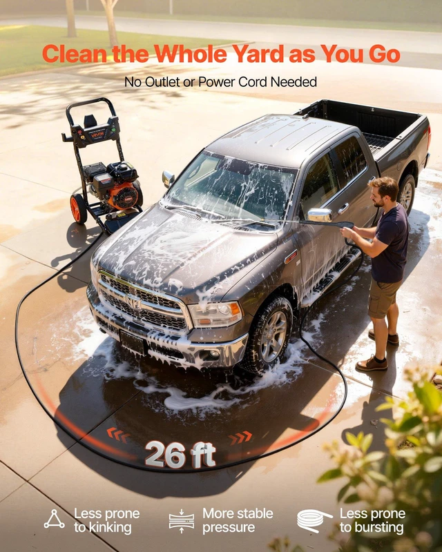 Alt view image 5 of 8 - VEVOR Gas Pressure Washer 3600 PSI and 2.6 Max GPM, Full Copper Pump, Spray Gun and Wand, 5 Nozzle Set, 26 ft Hose Gas Powered Pressure Washer for Cars, Fences, Driveways, Homes, Patios, Furniture