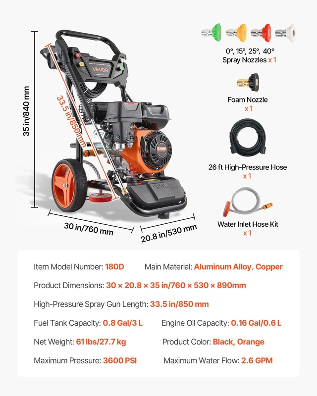 Alt view image 7 of 8 - VEVOR Gas Pressure Washer 3600 PSI and 2.6 Max GPM, Full Copper Pump, Spray Gun and Wand, 5 Nozzle Set, 26 ft Hose Gas Powered Pressure Washer for Cars, Fences, Driveways, Homes, Patios, Furniture