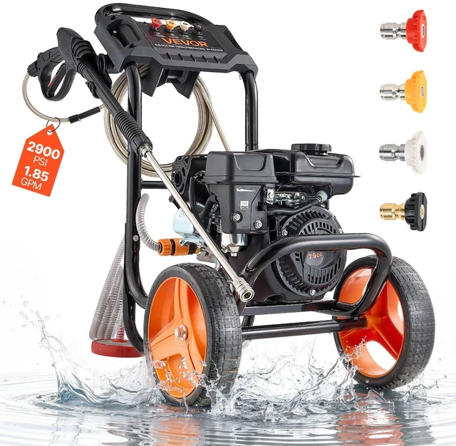 Main image of VEVOR Gas Pressure Washer 2900 PSI and 1.85 Max GPM, Upgrade Aluminum Pump with Spray Gun and Wand, 4 Nozzle Set, Low Profile Power Washer for Cars, Fences, Driveways, Homes, Patios, Furniture