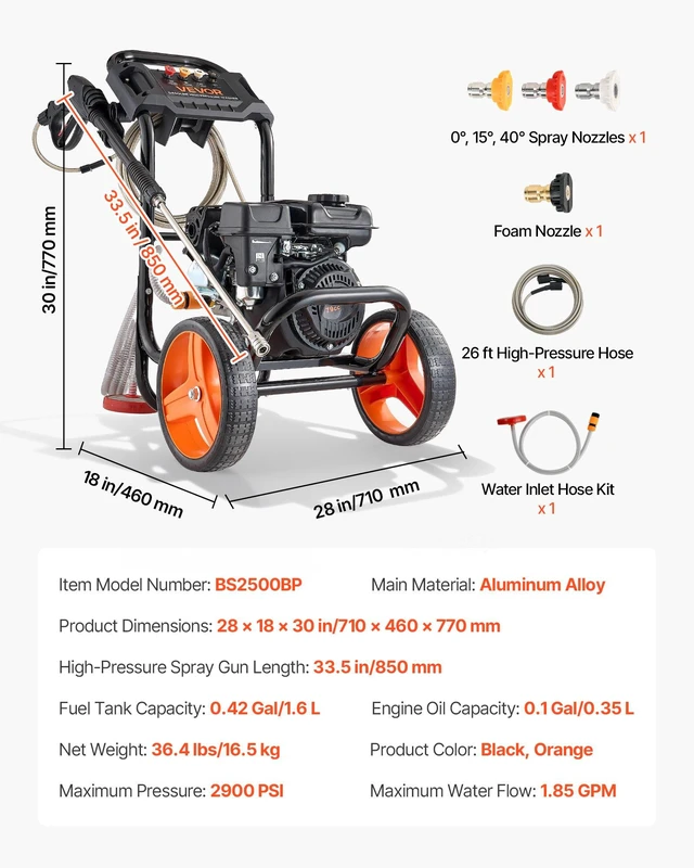 Alt view image 7 of 8 - VEVOR Gas Pressure Washer 2900 PSI and 1.85 Max GPM, Upgrade Aluminum Pump with Spray Gun and Wand, 4 Nozzle Set, Low Profile Power Washer for Cars, Fences, Driveways, Homes, Patios, Furniture