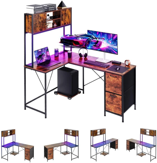 Main image of VEVOR L-Shaped Gaming Desk with LED Lights, 62.2-inch Reversible Corner Computer Desk with Power Outlets, Movable CPU Stand & Storage Drawers, Modern Stylish PC Gaming Table for Home Office
