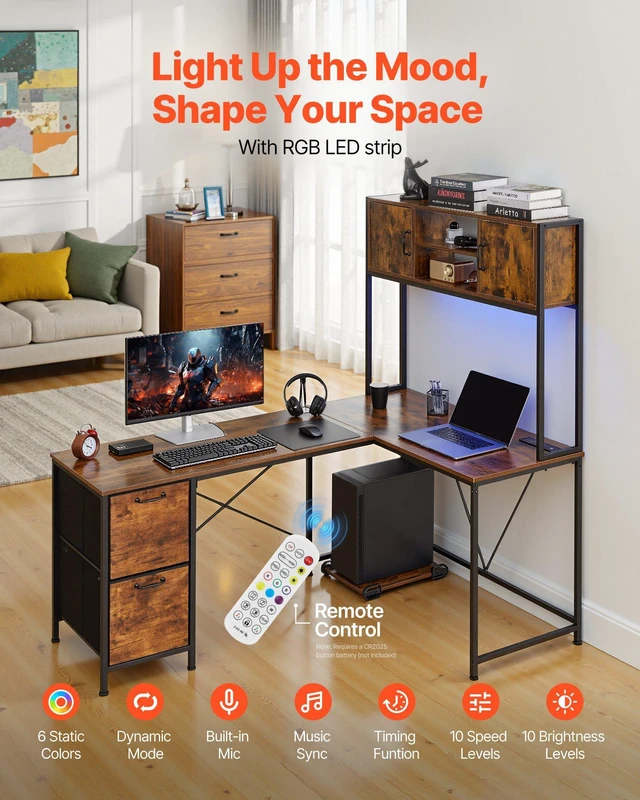 Alt view image 3 of 8 - VEVOR L-Shaped Gaming Desk with LED Lights, 62.2-inch Reversible Corner Computer Desk with Power Outlets, Movable CPU Stand & Storage Drawers, Modern Stylish PC Gaming Table for Home Office