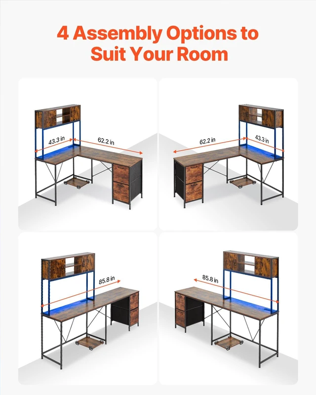 Alt view image 5 of 8 - VEVOR L-Shaped Gaming Desk with LED Lights, 62.2-inch Reversible Corner Computer Desk with Power Outlets, Movable CPU Stand & Storage Drawers, Modern Stylish PC Gaming Table for Home Office