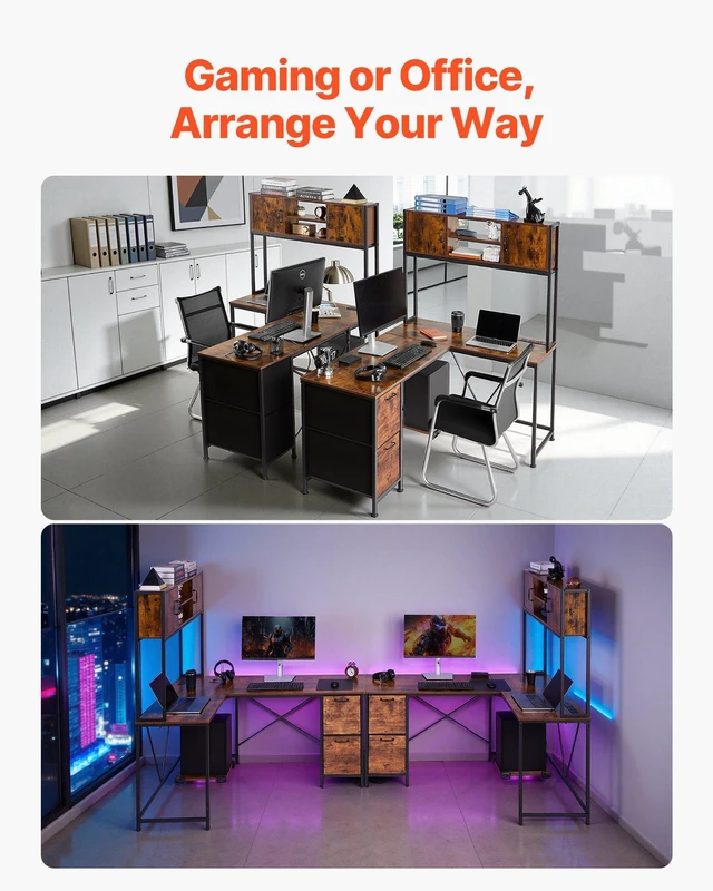 Alt view image 7 of 8 - VEVOR L-Shaped Gaming Desk with LED Lights, 62.2-inch Reversible Corner Computer Desk with Power Outlets, Movable CPU Stand & Storage Drawers, Modern Stylish PC Gaming Table for Home Office