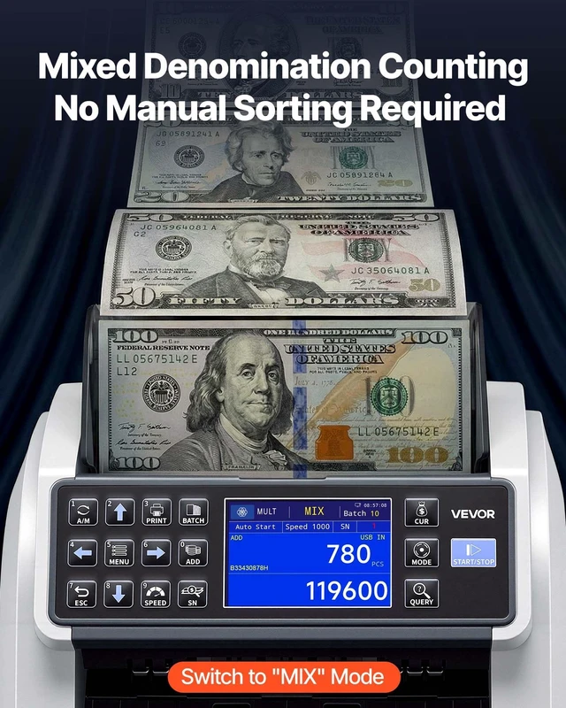 Alt view image 2 of 8 - VEVOR Money Counter Machine, Mixed Denomination Bill Cash Counter with CIS/UV/MG/IR/DD/DBL/HLF/CHN Counterfeit Detection, Multi-Currency Support, Money Counting Machine with External Display