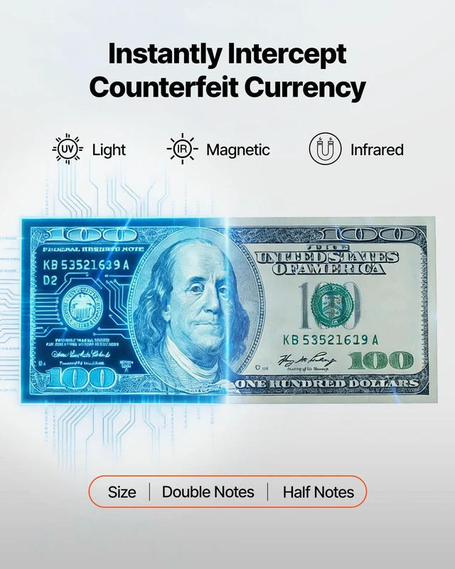 Alt view image 3 of 8 - VEVOR Money Counter Machine, Mixed Denomination Bill Cash Counter with CIS/UV/MG/IR/DD/DBL/HLF/CHN Counterfeit Detection, Multi-Currency Support, Money Counting Machine with External Display