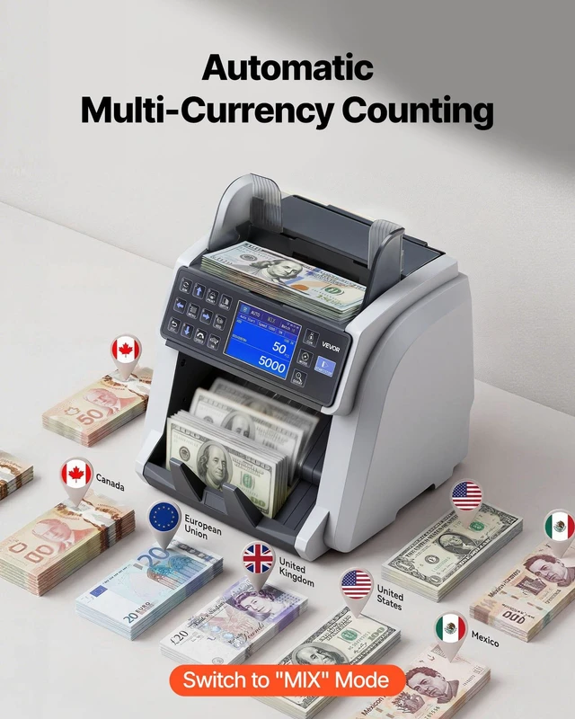Alt view image 4 of 8 - VEVOR Money Counter Machine, Mixed Denomination Bill Cash Counter with CIS/UV/MG/IR/DD/DBL/HLF/CHN Counterfeit Detection, Multi-Currency Support, Money Counting Machine with External Display