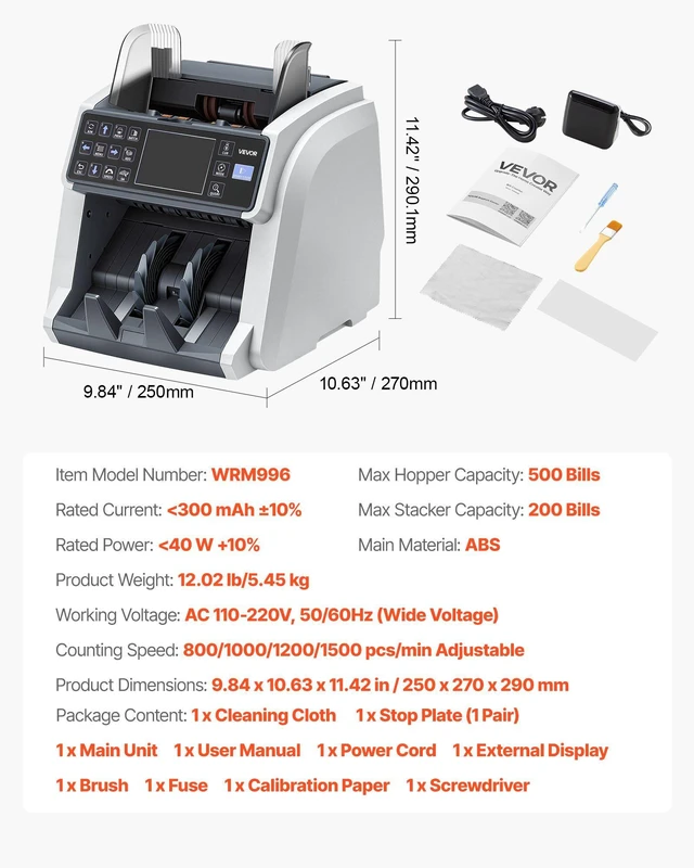 Alt view image 7 of 8 - VEVOR Money Counter Machine, Mixed Denomination Bill Cash Counter with CIS/UV/MG/IR/DD/DBL/HLF/CHN Counterfeit Detection, Multi-Currency Support, Money Counting Machine with External Display