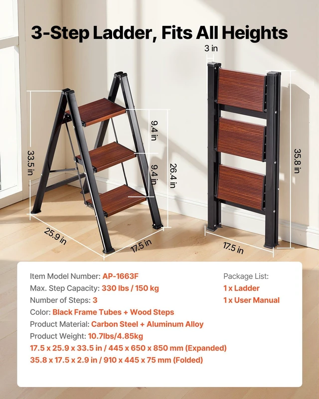 Alt view image 2 of 8 - VEVOR 3 Step Ladder, Folding Step Stool with Wide Anti-Slip Pedal and Comfort Handgrip, Lightweight 330 lbs Capacity Portable Aluminum Plant Support, Multi-Use for Adults, Home Repairing, Cleaning