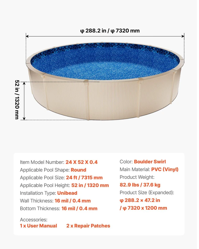 Alt view image 7 of 8 - VEVOR 24ft Pool Liner, Round UniBead Swimming Pool Liner for 52 in Wall Height, Premium Vinyl, Easy Install with Leak-Proof Patches, Designed for Steel Sided Above-Ground,Outdoor, Boulder Swirl