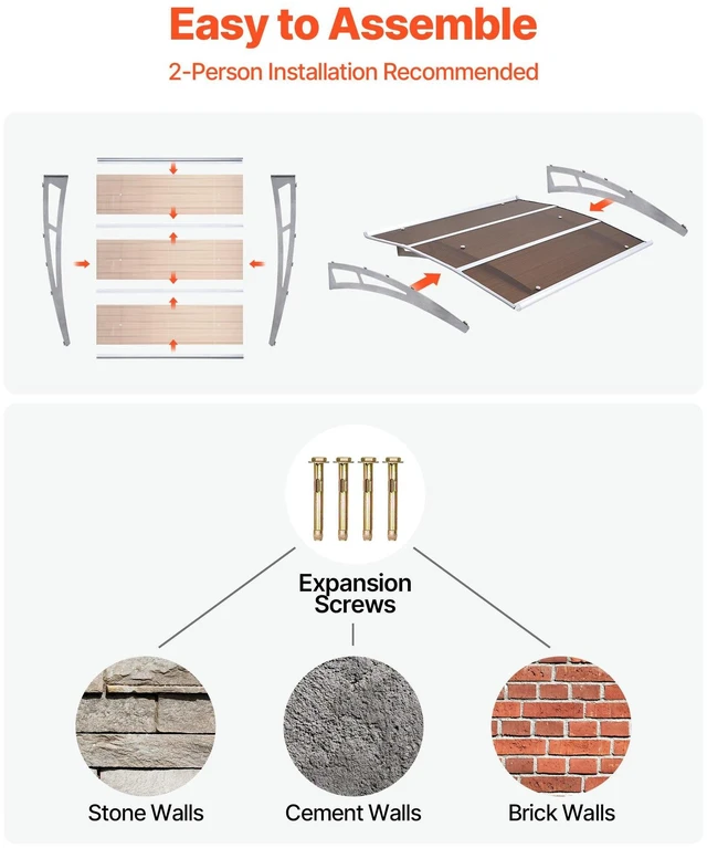 Alt view image 5 of 8 - VEVOR Awnings for Door Entrance, 37 x 47 in, Exterior Front Door Window Awnings with Drainage & ABS Bracket, Rain Snow Sun Protection, Overhang Polycarbonate Door Canopy for Porch Patio, Brown