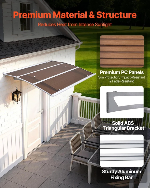 Alt view image 4 of 8 - VEVOR Awnings for Door Entrance, 37 x 47 in, Exterior Front Door Window Awnings with Drainage & ABS Bracket, Rain Snow Sun Protection, Overhang Polycarbonate Door Canopy for Porch Patio, Brown