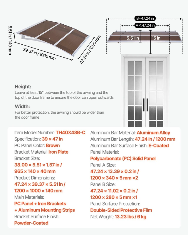 Alt view image 7 of 8 - VEVOR Awnings for Door Entrance, 37 x 47 in, Exterior Front Door Window Awnings with Drainage & ABS Bracket, Rain Snow Sun Protection, Overhang Polycarbonate Door Canopy for Porch Patio, Brown