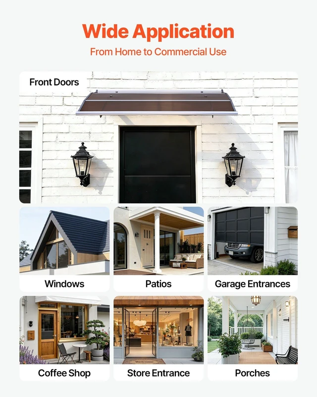 Alt view image 6 of 8 - VEVOR Awnings for Door Entrance, 37 x 47 in, Exterior Front Door Window Awnings with Drainage & ABS Bracket, Rain Snow Sun Protection, Overhang Polycarbonate Door Canopy for Porch Patio, Brown
