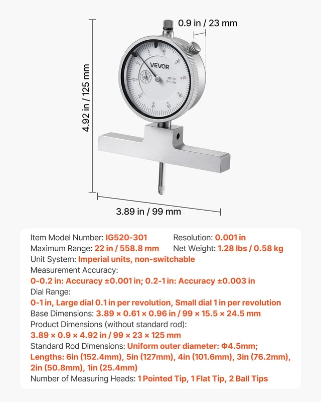 Alt view image 7 of 8 - VEVOR Depth Gauge, Depth Micrometer 0-22 inch Measuring Range, 0.001" Resolution, with 4 Anvils & 6 Standard Rods, Precision Easy to Read Mechanical Tool for Measuring Groove, Step, Hole