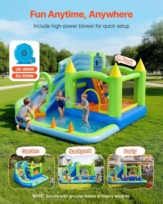 Alt view image 4 of 8 - VEVOR Inflatable Bounce House, 11.3 x 12.3 x 7.0 ft Inflatable Bounce House Water Slide, Bouncer Castle with Castle Bounces, Basketball Hoop, Splash Pool & Water Ring Toss, for 3 to 4 Kids Ages 3 to 8
