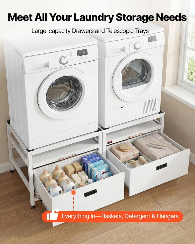 Alt view image 5 of 8 - VEVOR Laundry Pedestal, 22.6 in Height, 29 x 29 in Washer and Dryer Pedestals with Pull-out Tray and Storage Space, 800 lbs Load Capacity, Non-Slip Feet Washing Machine Stand Universal, White, 2 Pack