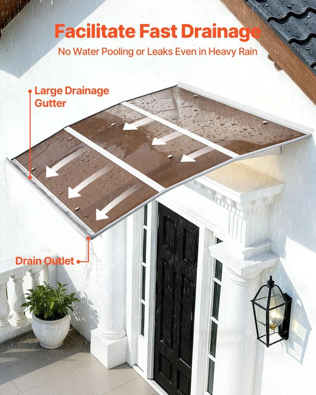 Alt view image 2 of 8 - VEVOR Awnings for Door Entrance, 39 x 59 in, Exterior Front Door Window Awnings with Drainage & Metal Bracket, Rain Snow Sun Protection, Overhang Polycarbonate Door Canopy for Porch Patio, Brown