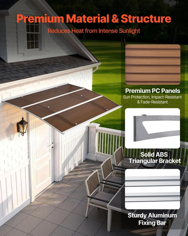 Alt view image 4 of 8 - VEVOR Awnings for Door Entrance, 39 x 59 in, Exterior Front Door Window Awnings with Drainage & Metal Bracket, Rain Snow Sun Protection, Overhang Polycarbonate Door Canopy for Porch Patio, Brown