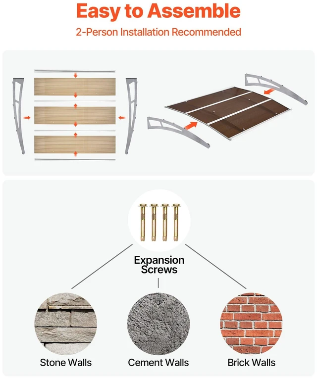 Alt view image 5 of 8 - VEVOR Awnings for Door Entrance, 39 x 59 in, Exterior Front Door Window Awnings with Drainage & Metal Bracket, Rain Snow Sun Protection, Overhang Polycarbonate Door Canopy for Porch Patio, Brown
