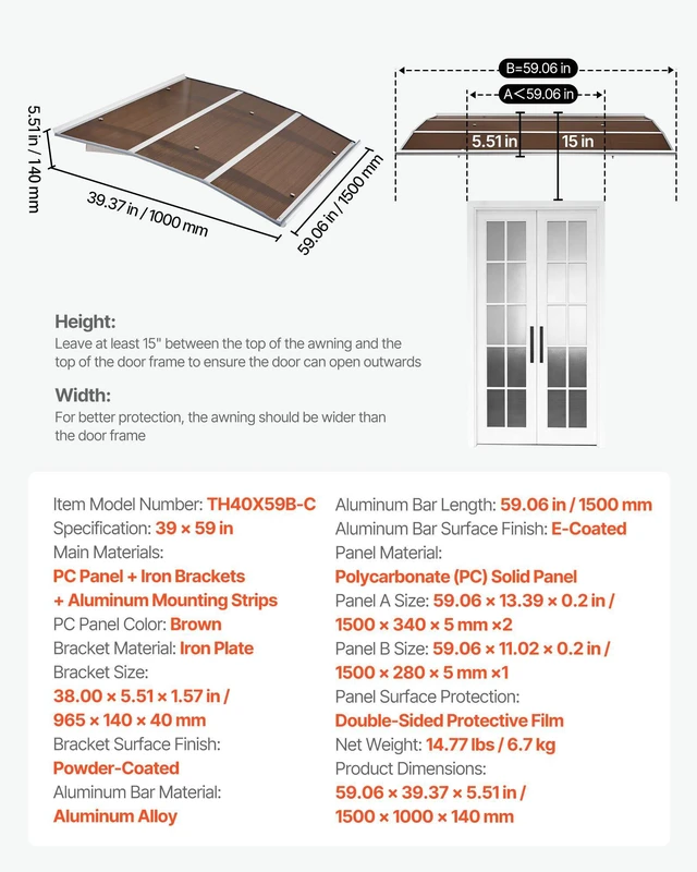 Alt view image 7 of 8 - VEVOR Awnings for Door Entrance, 39 x 59 in, Exterior Front Door Window Awnings with Drainage & Metal Bracket, Rain Snow Sun Protection, Overhang Polycarbonate Door Canopy for Porch Patio, Brown
